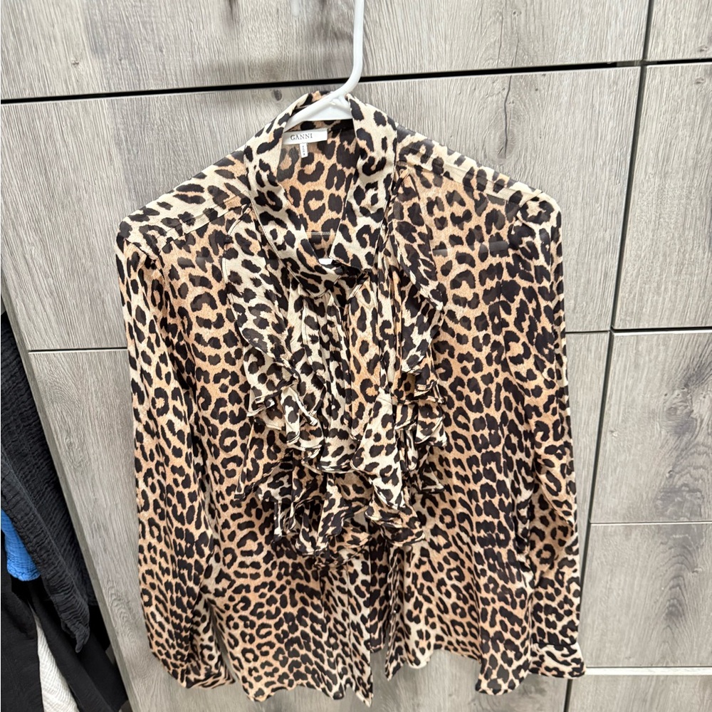 Ganni Leopard Print Ruffle Blouse